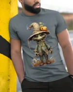 Creepy Pumpkin Head Scarecrow Halloween T-Shirt - model in grey shirt leaning against column