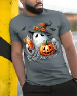 Cute Ghost Pumpkin Drink Halloween T-Shirt - model in grey shirt leaning against column