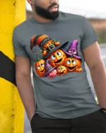 Smiling Pumpkin Family Halloween Party T-Shirt - model in grey shirt leaning against column