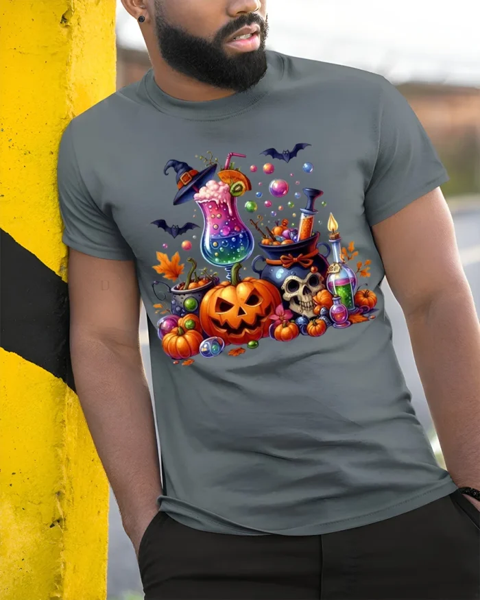Colorful Halloween Potion and Pumpkin T-Shirt - model in grey shirt leaning against column
