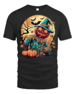 Haunted Pumpkin Scarecrow Halloween T-shirt - black t-shirt on white background