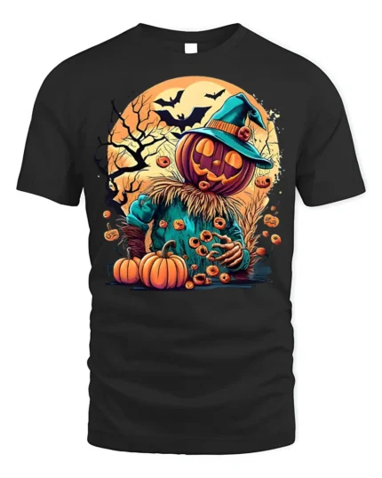 Haunted Pumpkin Scarecrow Halloween T-shirt - black t-shirt on white background