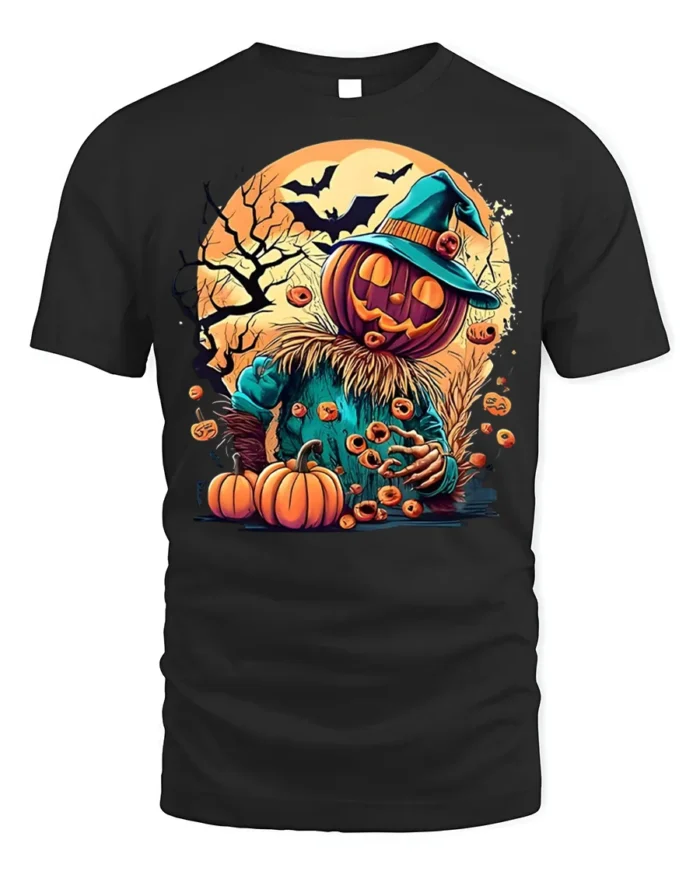 Haunted Pumpkin Scarecrow Halloween T-shirt - black t-shirt on white background