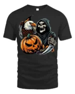 Grim Reaper Eagle Pumpkin Halloween T-shirt - black t-shirt on white background