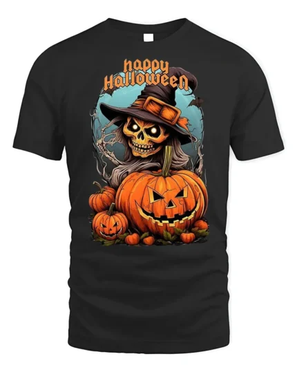 Witch Skull Pumpkin Happy Halloween T-shirt - black t-shirt on white background