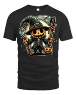 Pumpkin Scarecrow Witch Halloween T-shirt - black t-shirt on white background