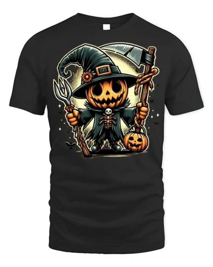 Pumpkin Scarecrow Witch Halloween T-shirt - black t-shirt on white background