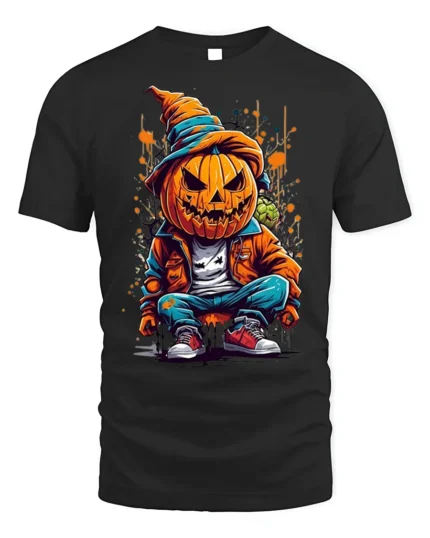 Street Style Pumpkin Head Halloween T-shirt - black t-shirt on white background