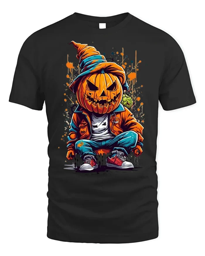 Street Style Pumpkin Head Halloween T-shirt - black t-shirt on white background