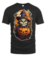Evil Witch Skull Pumpkin Halloween T-shirt - black t-shirt on white background