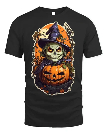 Evil Witch Skull Pumpkin Halloween T-shirt - black t-shirt on white background