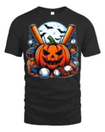 Halloween Pumpkin Baseball Moon Night T-shirt - black t-shirt on white background