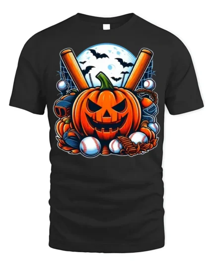 Halloween Pumpkin Baseball Moon Night T-shirt - black t-shirt on white background