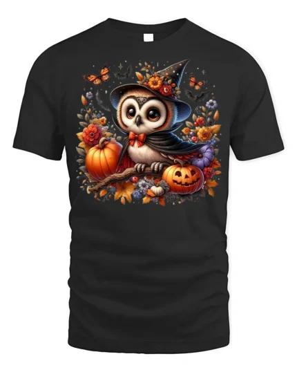 Cute Halloween Owl Pumpkin Witch Hat T-shirt - black t-shirt on white background