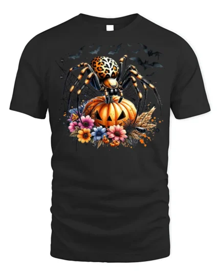 Leopard Spider Pumpkin Halloween Night T-shirt - black t-shirt on white background