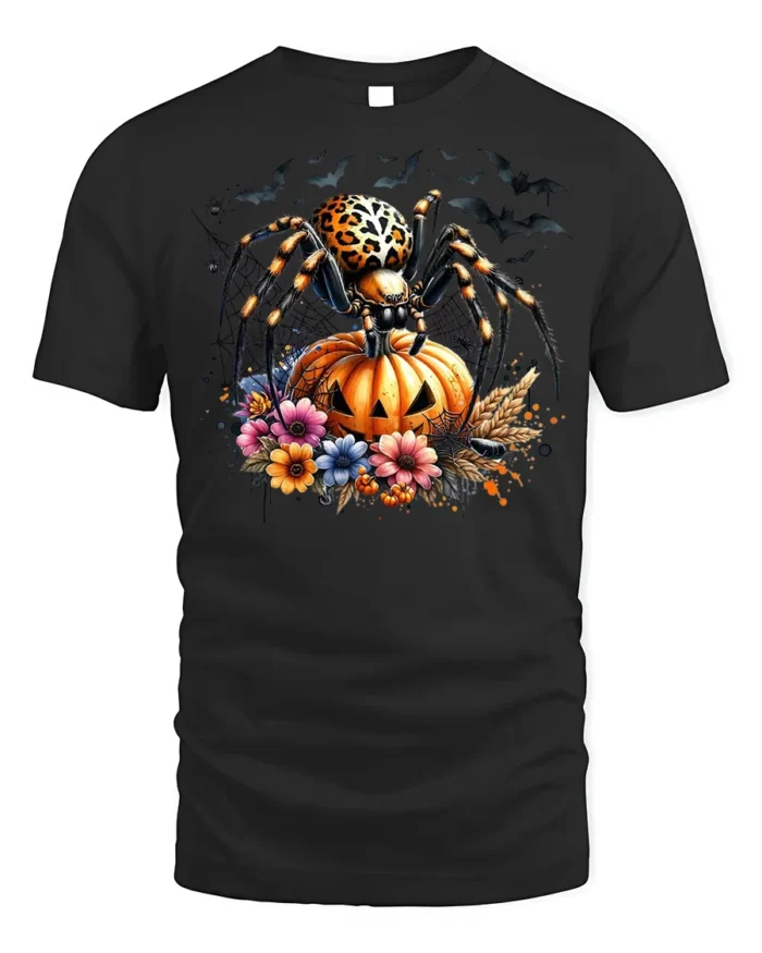 Leopard Spider Pumpkin Halloween Night T-shirt - black t-shirt on white background