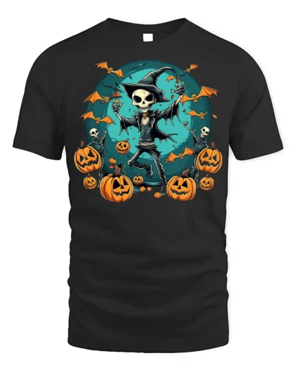 Skeleton Witch Pumpkin Halloween T-shirt - black t-shirt on white background