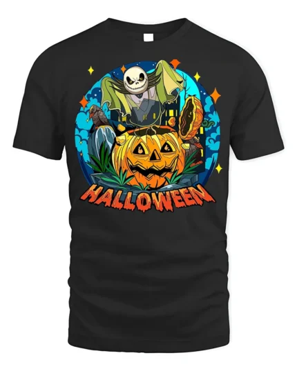 Spooky Pumpkin Bat Moon Halloween Night T-shirt - black t-shirt on white background