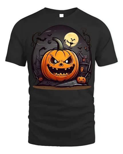Evil Jack-o-Lantern Haunted House Halloween T-shirt - black t-shirt on white background