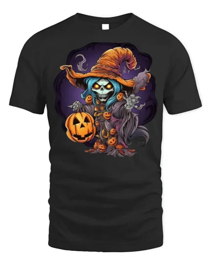 Haunted Pumpkin Skeleton Witch Halloween T-shirt - black t-shirt on white background