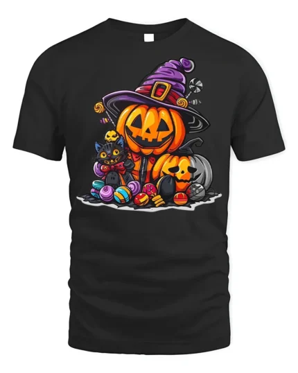 Cute Pumpkin Witch Cat Halloween Candy T-shirt - black t-shirt on white background