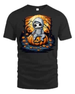 Cute Baby Mummy Sitting on Pumpkin Halloween T-shirt - black t-shirt on white background