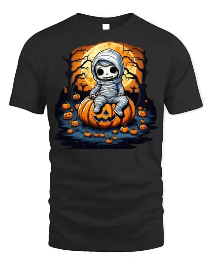 Cute Baby Mummy Sitting on Pumpkin Halloween T-shirt - black t-shirt on white background