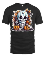 Cute Halloween Skeleton with Pumpkins T-shirt - black t-shirt on white background