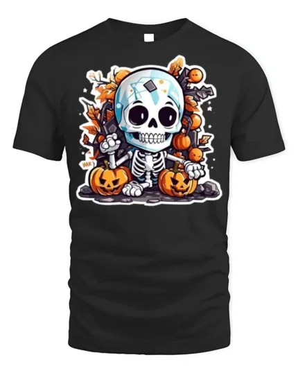 Cute Halloween Skeleton with Pumpkins T-shirt - black t-shirt on white background
