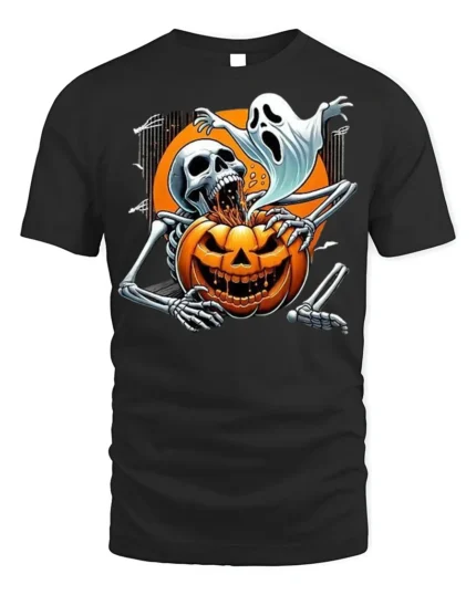 Skeleton Ghost Pumpkin Horror Halloween T-shirt - black t-shirt on white background