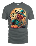 Haunted Pumpkin Scarecrow Halloween T-shirt - gray t-shirt on white background