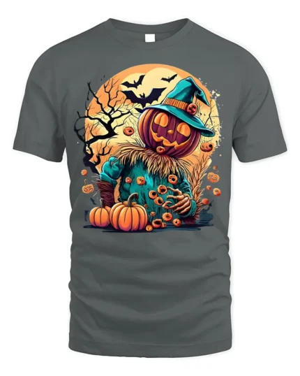 Haunted Pumpkin Scarecrow Halloween T-shirt - gray t-shirt on white background