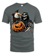 Grim Reaper Eagle Pumpkin Halloween T-shirt - gray t-shirt on white background