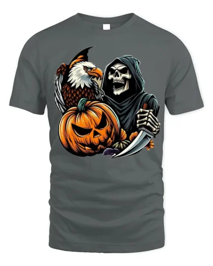 Grim Reaper Eagle Pumpkin Halloween T-shirt - gray t-shirt on white background