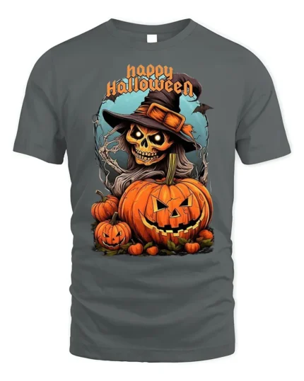 Witch Skull Pumpkin Happy Halloween T-shirt - gray t-shirt on white background