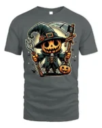 Pumpkin Scarecrow Witch Halloween T-shirt - gray t-shirt on white background