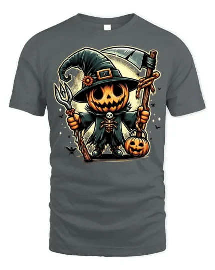 Pumpkin Scarecrow Witch Halloween T-shirt - gray t-shirt on white background