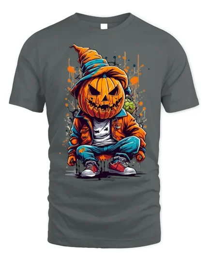 Street Style Pumpkin Head Halloween T-shirt - gray t-shirt on white background