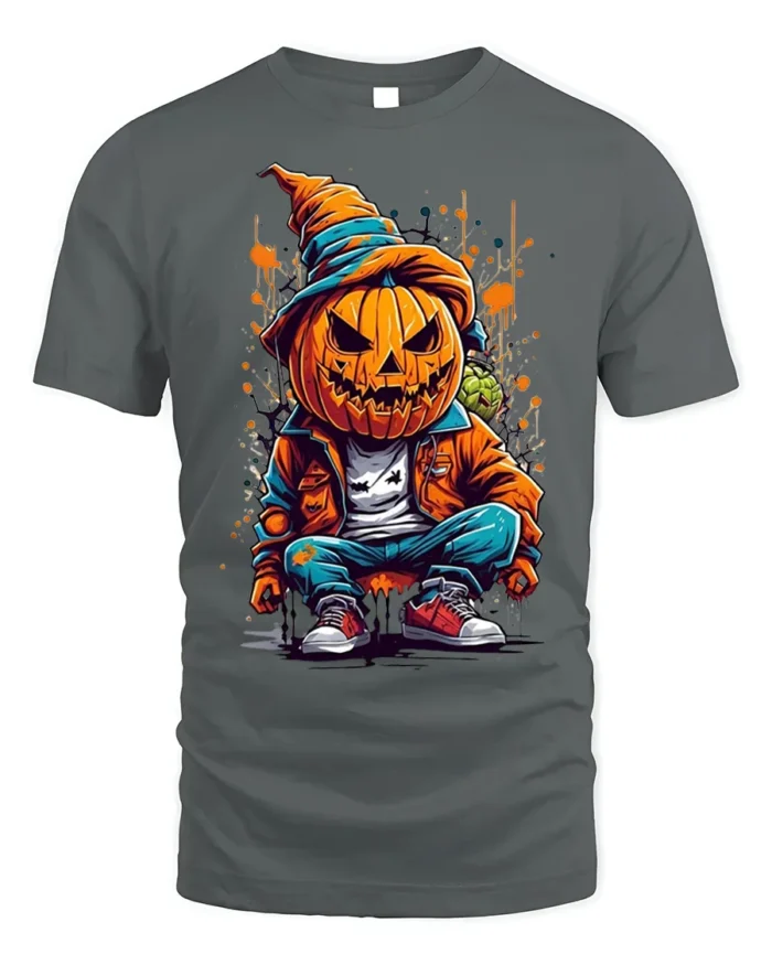 Street Style Pumpkin Head Halloween T-shirt - gray t-shirt on white background
