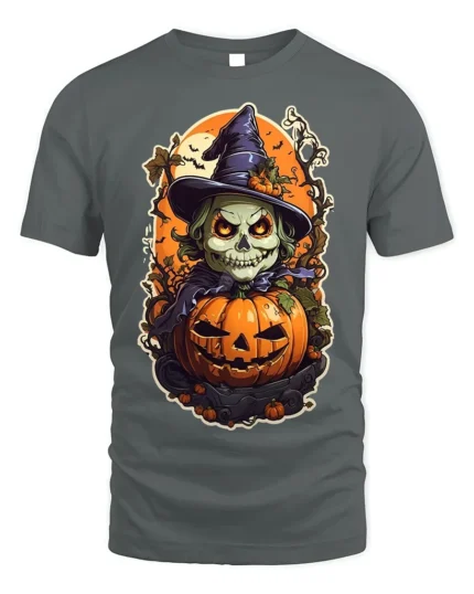 Evil Witch Skull Pumpkin Halloween T-shirt - gray t-shirt on white background