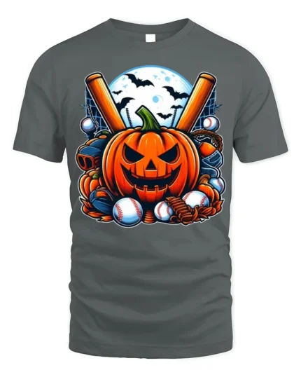 Halloween Pumpkin Baseball Moon Night T-shirt - gray t-shirt on white background