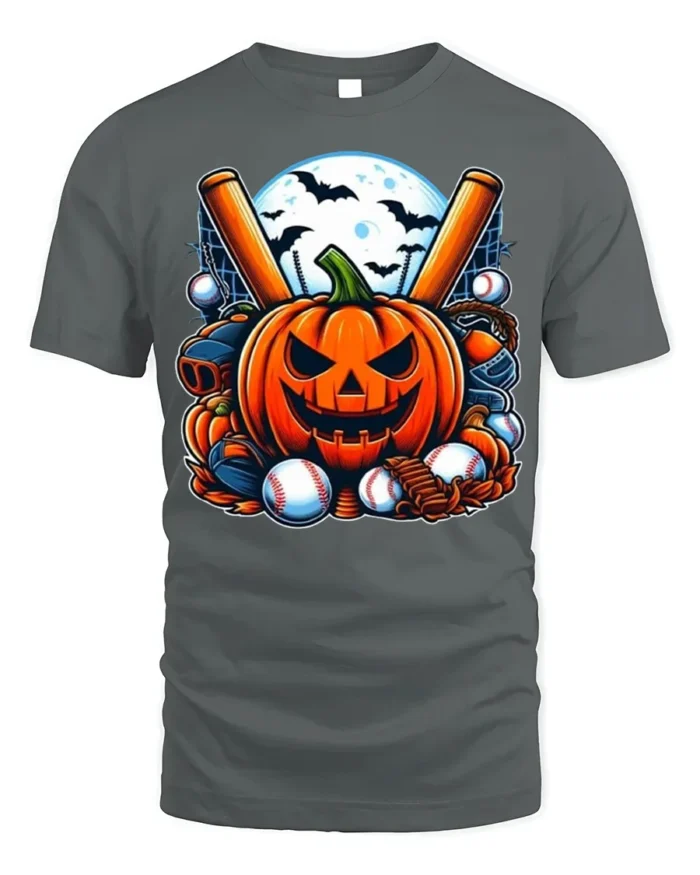 Halloween Pumpkin Baseball Moon Night T-shirt - gray t-shirt on white background