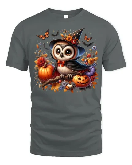 Cute Halloween Owl Pumpkin Witch Hat T-shirt - gray t-shirt on white background