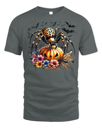 Leopard Spider Pumpkin Halloween Night T-shirt - gray t-shirt on white background