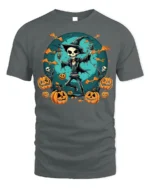 Skeleton Witch Pumpkin Halloween T-shirt - gray t-shirt on white background