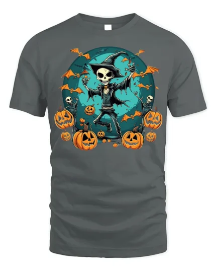 Skeleton Witch Pumpkin Halloween T-shirt - gray t-shirt on white background