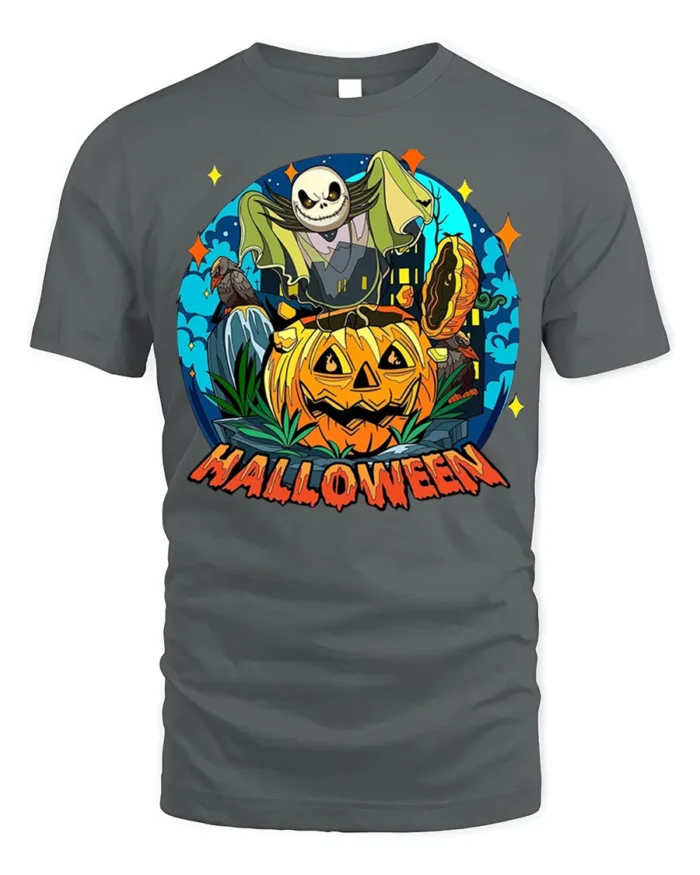 Spooky Pumpkin Bat Moon Halloween Night T-shirt - gray t-shirt on white background