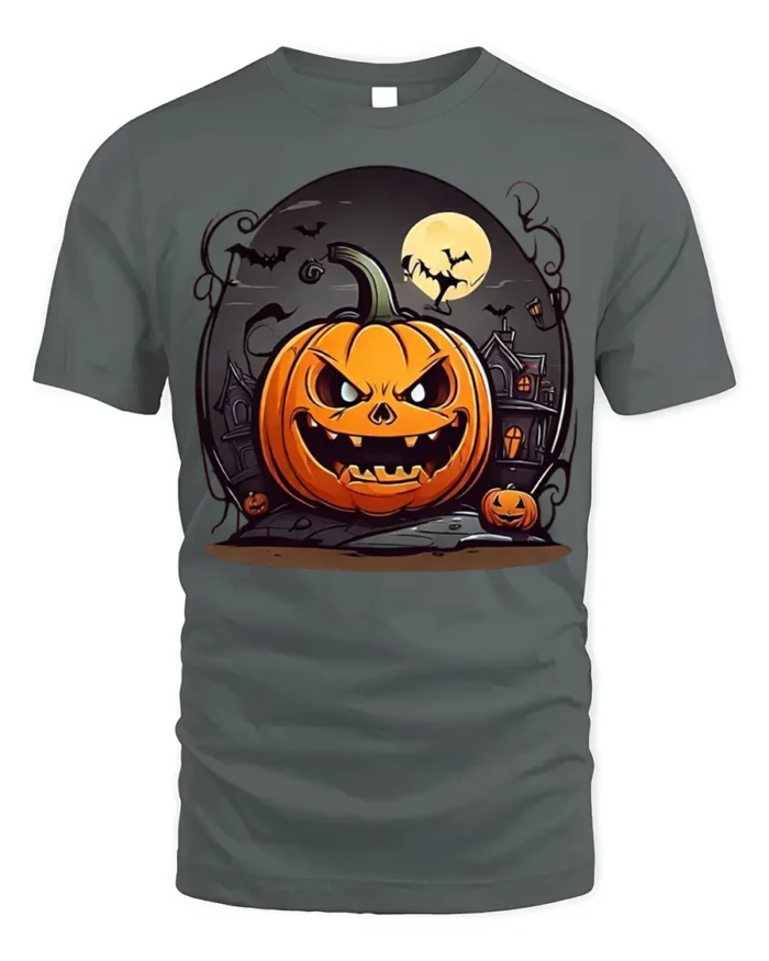 Evil Jack-o-Lantern Haunted House Halloween T-shirt - gray t-shirt on white background