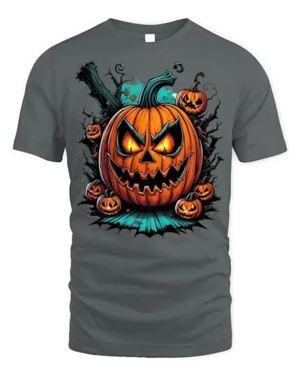 Fiery Evil Jack-o-Lantern Halloween T-shirt - gray t-shirt on white background