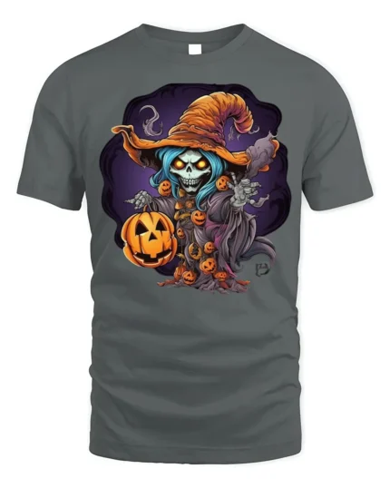 Haunted Pumpkin Skeleton Witch Halloween T-shirt - gray t-shirt on white background